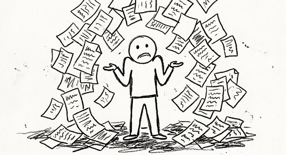 A hand-drawn figure shrugging, surrounded by dozens of falling documents
